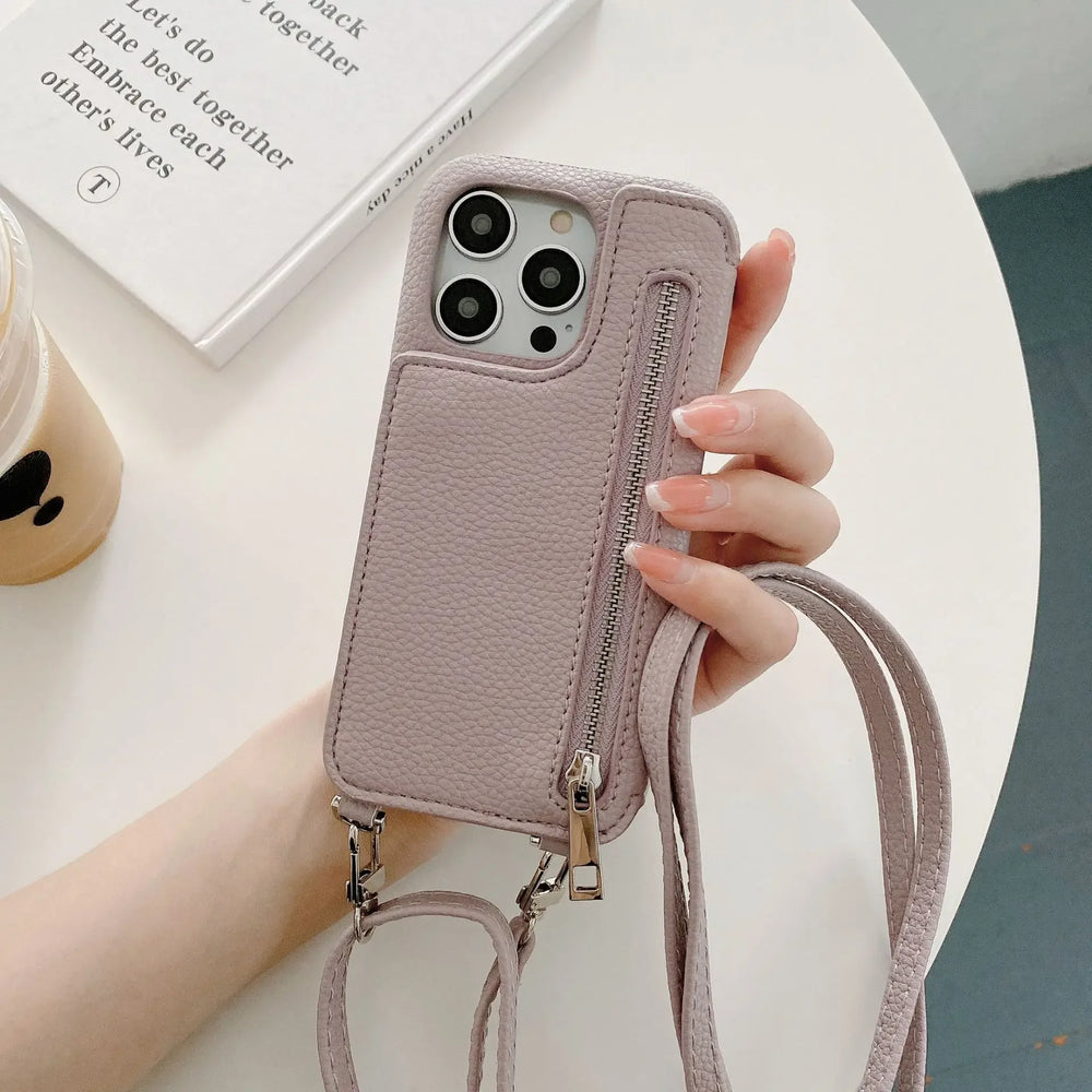 Wallet Makeup Mirror Crossbody Lanyard Card Slot  Case For iPhone