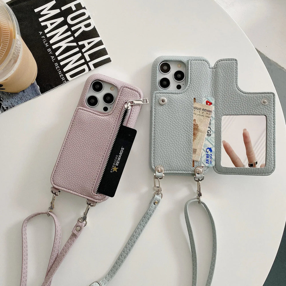 Zipper Wallet Makeup Mirror Crossbody Lanyard Case For iPhone