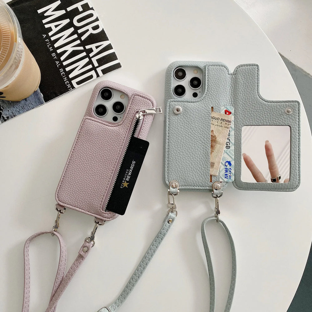 Wallet Makeup Mirror Crossbody Lanyard Card Slot  Case For iPhone