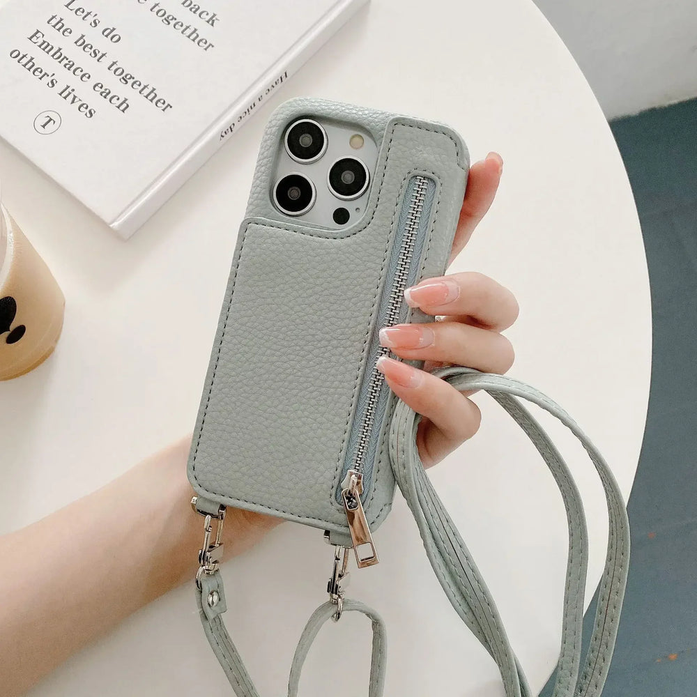 Zipper Wallet Makeup Mirror Crossbody Lanyard Case For iPhone