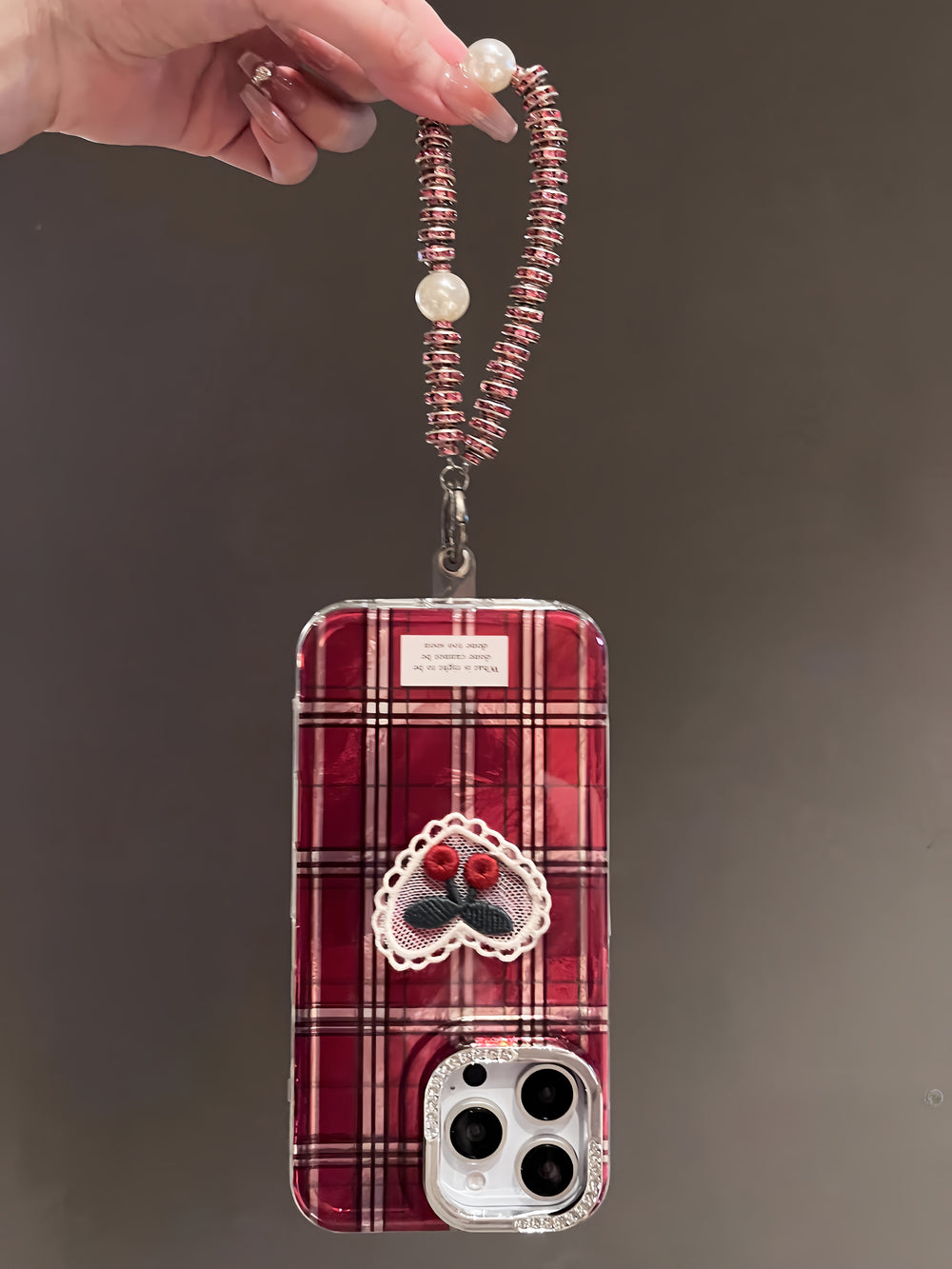 Cherry Red Plaid Love Heart Premium Bracelet Case For iPhone