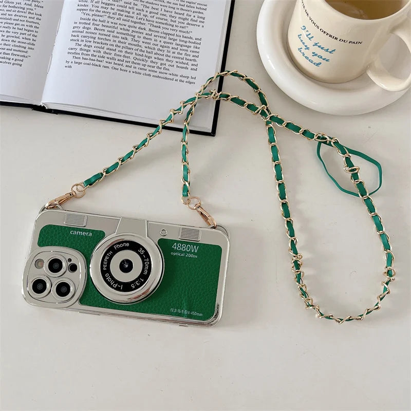 Retro Camera With Lanyard Leather Case For iPhone