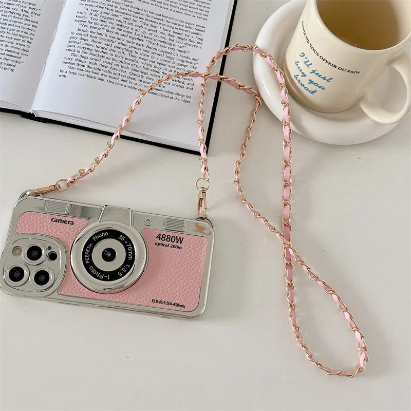 Retro Camera With Lanyard Leather Case For iPhone