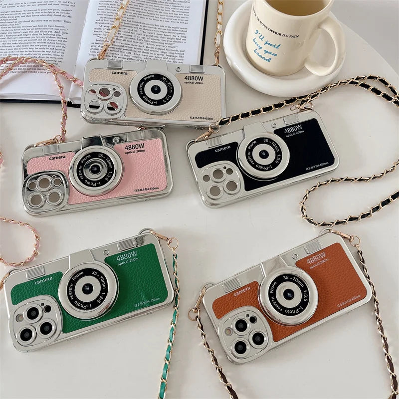 Retro Camera With Lanyard Leather Case For iPhone