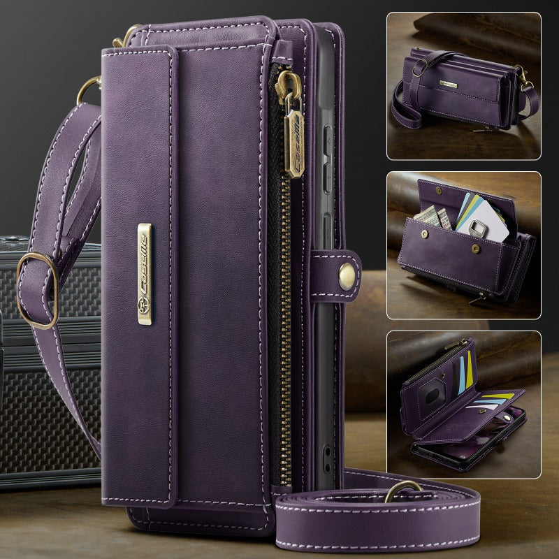 New Retro RFID-Shielded Zipper Wallet, Supports Wireless Charging, Comes with Long and Short Lanyards, Leather Phone Case for Samsung