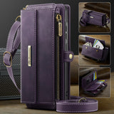 New Retro RFID-Shielded Zipper Wallet, Supports Wireless Charging, Comes with Long and Short Lanyards, Leather Phone Case for Samsung