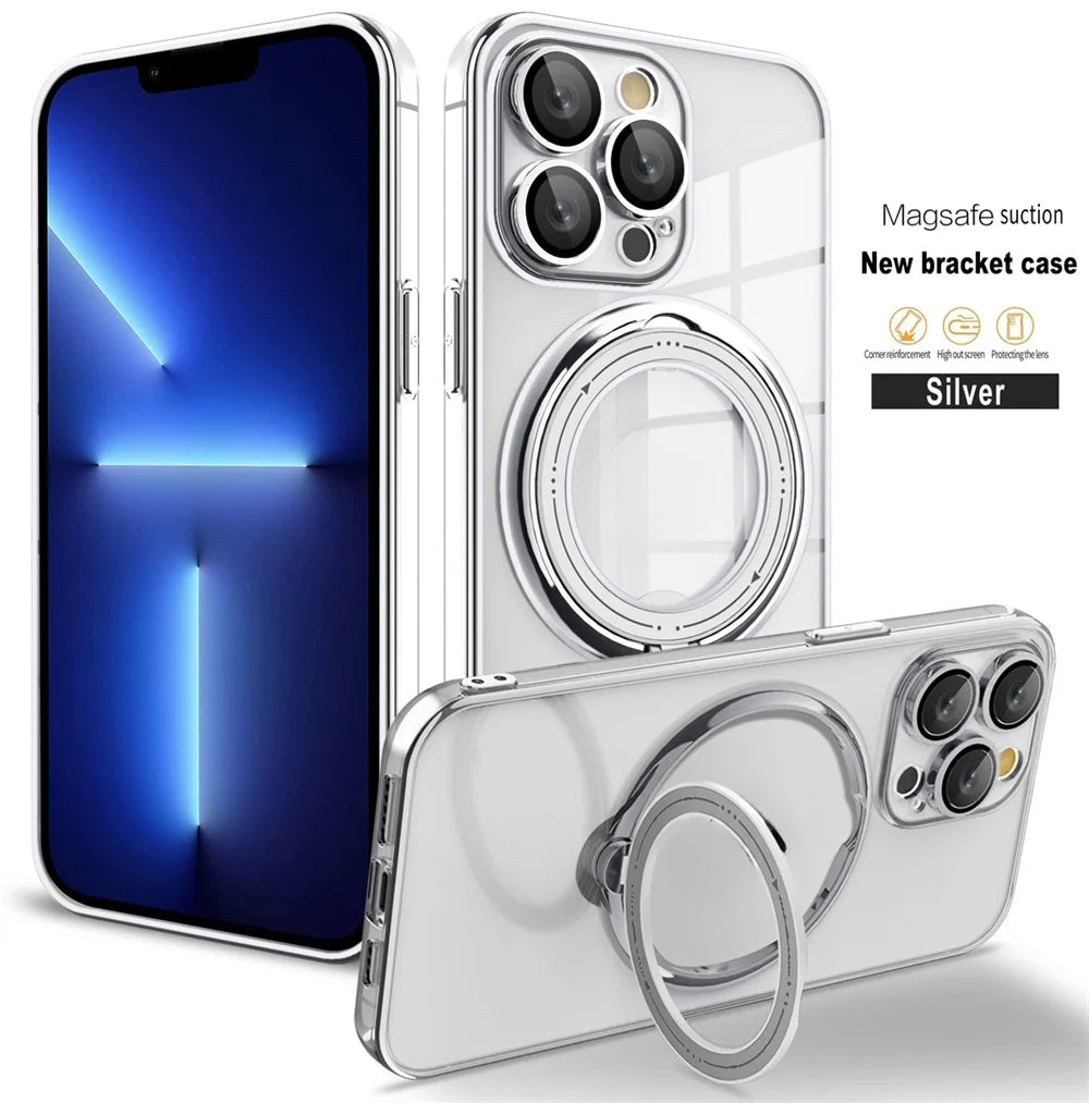 Luxury Plating Clear Rotating Magnetic Stand Phone Case For iPhone