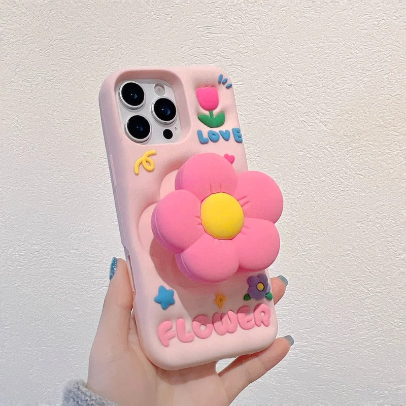 Cute 3D Floral Bracket Soft Silicone Flower Stand Holder Case  for iPhone