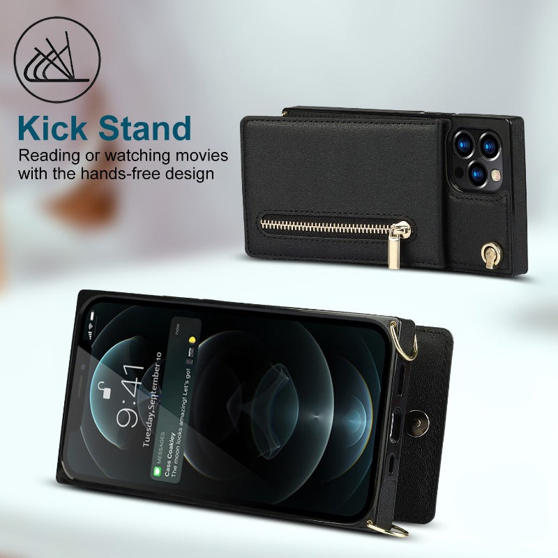 Stylish Leather Crossbody Zipper Back Cover Holder Wallet Card Holder Phone Case 3-In-1 for iphone