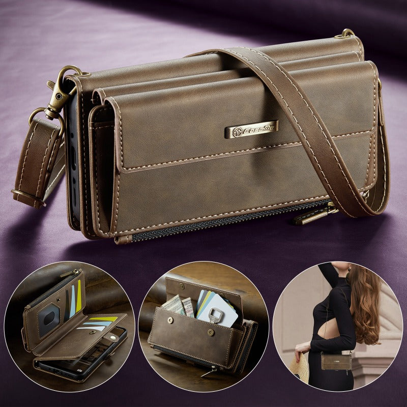 New Retro RFID-Shielded Zipper Wallet, Supports Wireless Charging, Comes with Long and Short Lanyards, Leather Phone Case for Samsung