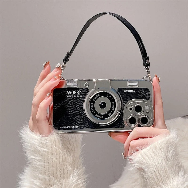 3D Retro Camera Graphic Phone Case PU Leather Strap For iPhone